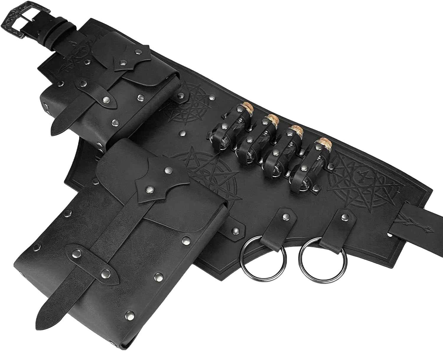 HiiFeuer 4 PCs Medieval Alchemy Costume, Fantasy Faux Leather Wizard Potion Holder Belt With 4 Cork Vials and Bag