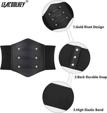 LEACOOLKEY Women Black Tied Waspie Belt, Lace-up Cinch Belt, Corset Elastic Waist Belt