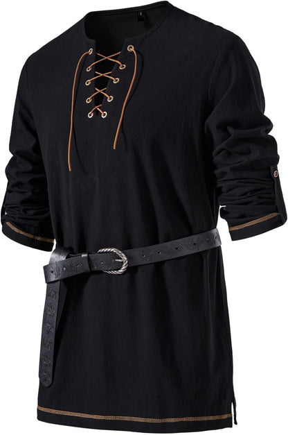 Men's Pure Cotton Vintage Lace Up Shirts for Pirate Renaissance Viking Medieval Costume Without Belt