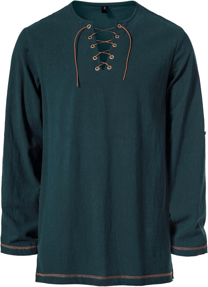 Men's Pure Cotton Vintage Lace Up Shirts for Pirate Renaissance Viking Medieval Costume Without Belt
