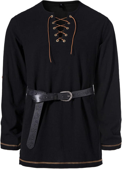 Men's Pure Cotton Vintage Lace Up Shirts for Pirate Renaissance Viking Medieval Costume Without Belt