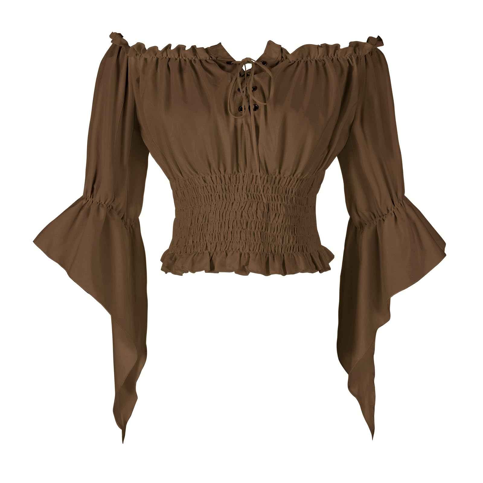 Womens Renaissance Peasant Blouse Off Shoulder Trumpet Sleeve Tops