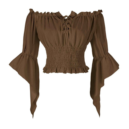 Womens Renaissance Peasant Blouse Off Shoulder Trumpet Sleeve Tops