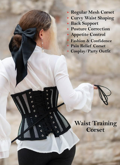 SLIMX Black Corset Underbust Long Torso Steel Boned Waist Trainer for Women Plus Size Heavy Duty Open Cup Corset Hourglass