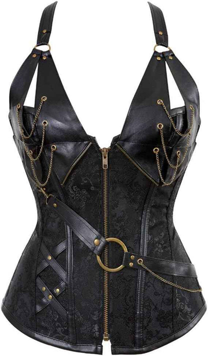 Kranchungel Corsets for Women Plus Size Faux Leather Steampunk Corset Top Zipper Bustier