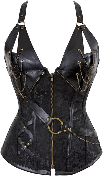 Kranchungel Corsets for Women Plus Size Faux Leather Steampunk Corset Top Zipper Bustier