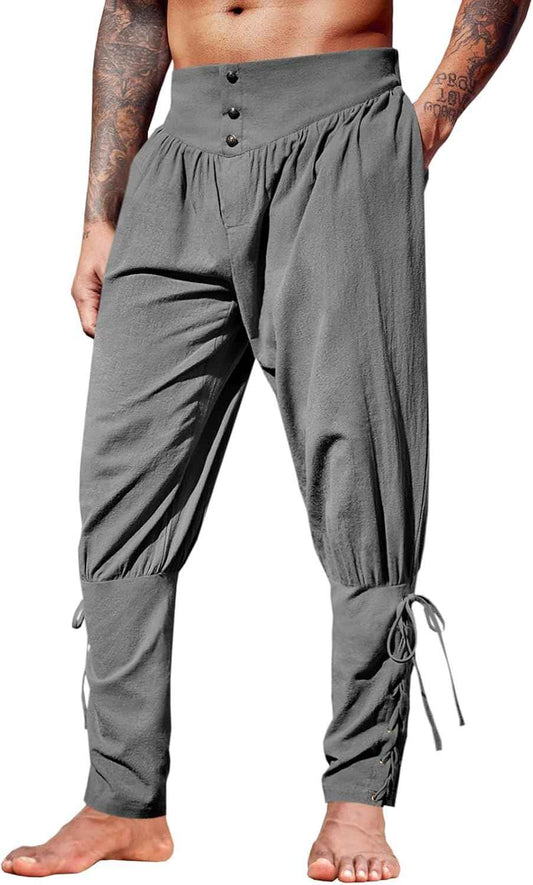 Runcati Mens Medieval Ankle Pants Renaissance Viking Pirate Lace Up Tapered Halloween Linen Costume Trousers