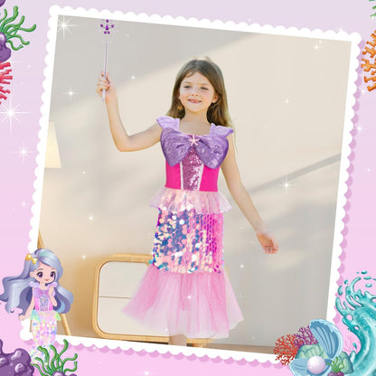 Meland Mermaid Dress - Little Mermaid Costume with Bag for Girls 3-10, Princess Dress Up for Birthday Gift, Halloween Costume