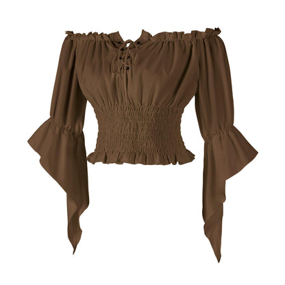 Womens Renaissance Peasant Blouse Off Shoulder Trumpet Sleeve Tops