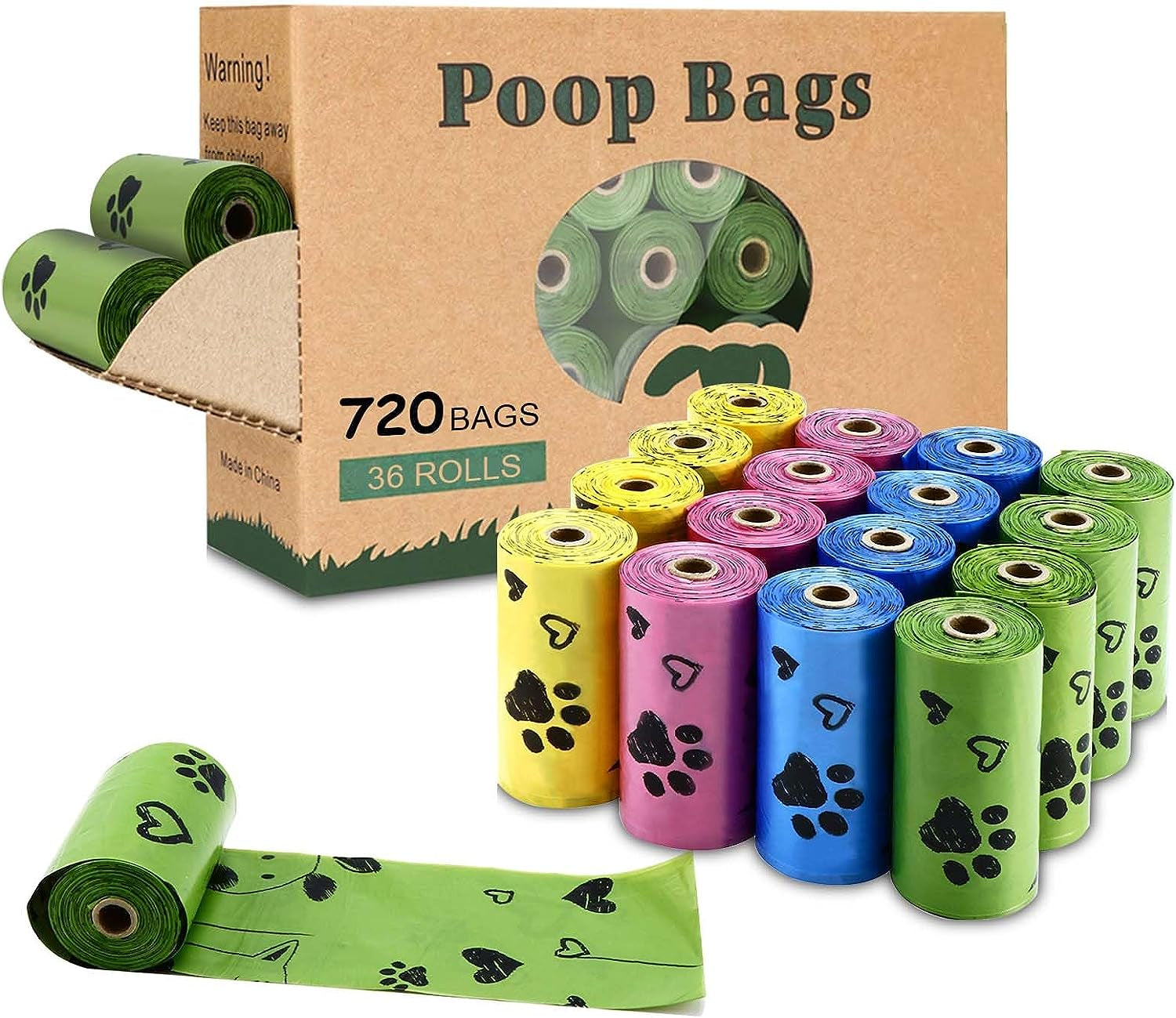 Biodegradable Dog Waste Bags - 720 Extra Thick, Leak-Proof Bags with Dispenser in Assorted Colors (Green, Blue, Yellow, Pink) - Scented