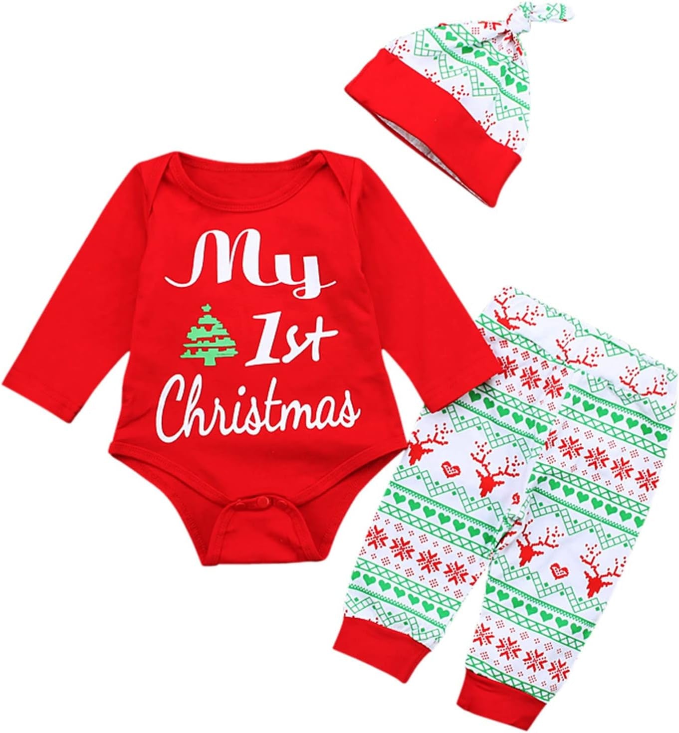 Christmas Romper Baby Girls Boys Clothes Fall Winter Infant Romper Outfit Xmas Top Long Pants Newborn Clothes Hat Sets 0-18M