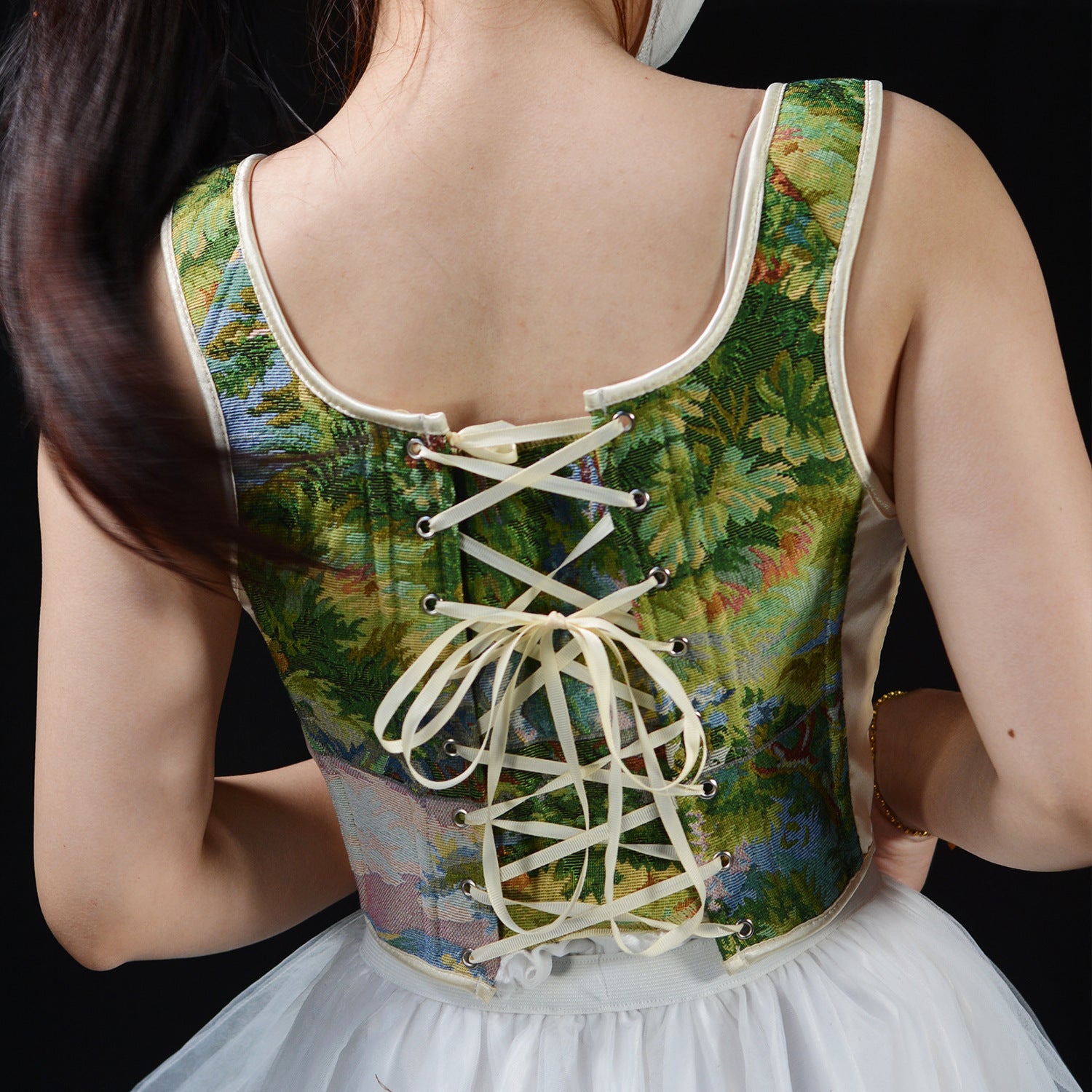 Oil Painting Color Matching Lace Top French Folded Vest Fishbone Corset Top