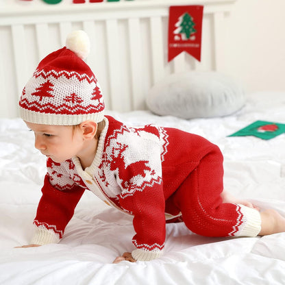 Baby Christmas Sweater Toddler Reindeer Jumpsuit 0-18 Months Baby Girl Christmas Outfit Baby Boy Clothes with Hat (Red, 0-3 Months)