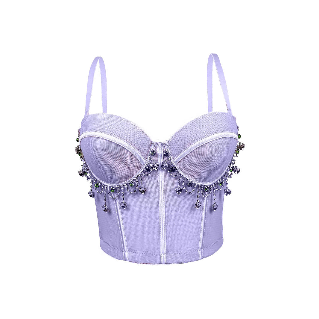 Vintage  Rhinestone Tassel Performance Sexy Strapless Backless Corset Boned Bustier