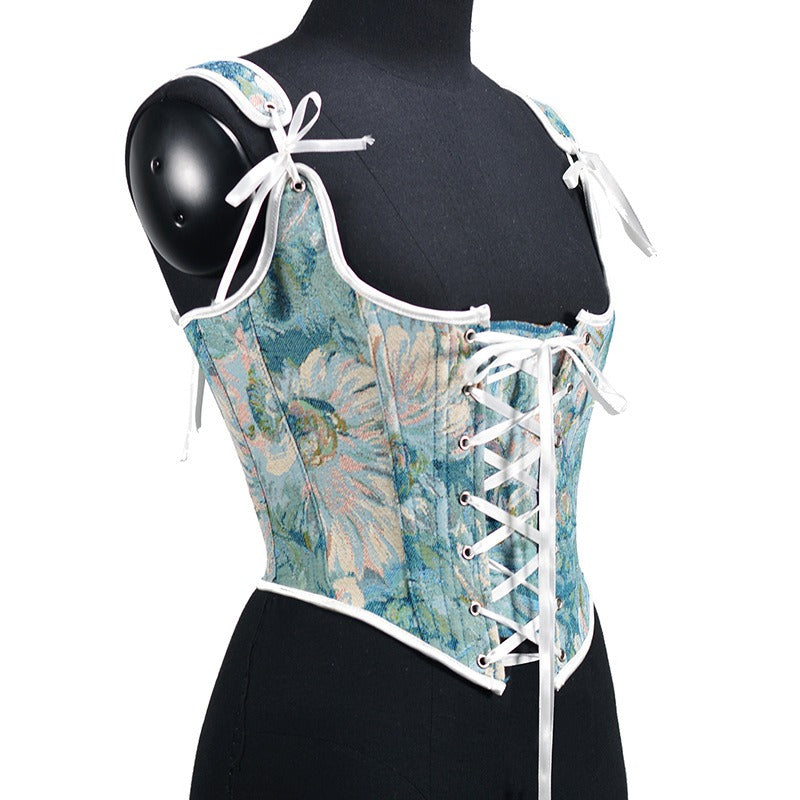 Ink Chrysanthemum Jacquard Half Pack Chest Strap Vintage Corset Waist Tie