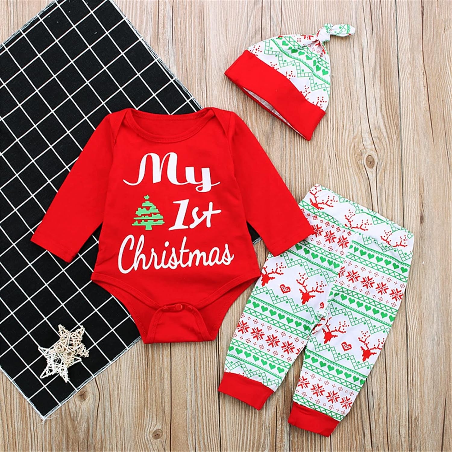 Christmas Romper Baby Girls Boys Clothes Fall Winter Infant Romper Outfit Xmas Top Long Pants Newborn Clothes Hat Sets 0-18M