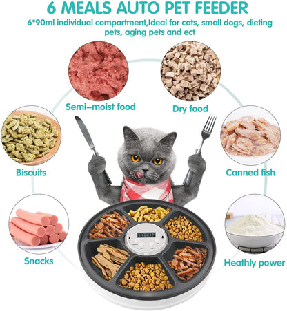 Automatic Cat Food Dispenser, Auto Cat Feeder - 6 Meals Pet Wet Food Dispenser for Small Dog with Programmable Timer Portion Control Timed Cat Feeder with Voice Reminder Pet's Supplies |