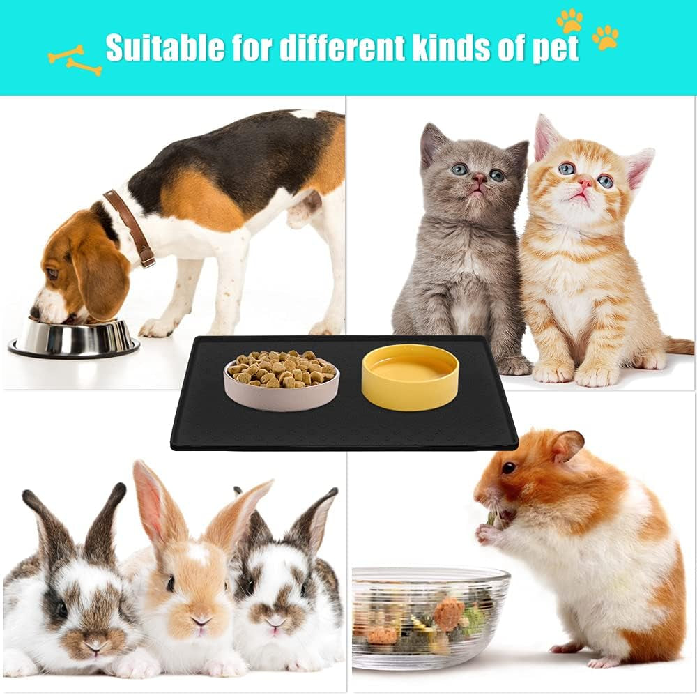 2 Pack(18"X12") Silicone Waterproof Pet Feeding Mats, Food Mats, Pet Placemat for Dog and Cat, Mat for Prevent Food and Water Overflow, Non Slip, Washable, Easy Clean, Black Pet's Supplies |