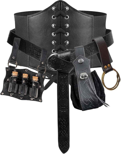 5PCS Renaissance Costume Sets Corset Waistband Belt Pouch Coin Purse Potion Bottle Vials Skirt Hike Medieval Cosplay