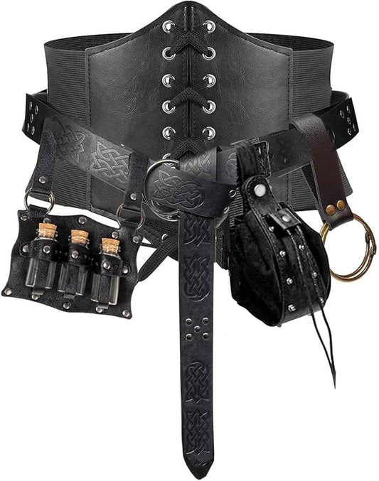 SUMGOGO 5PCS Renaissance Costume Corset Belt Pouch Potion Bottle Vila Sword Frog Hook Medieval Festival Halloween Accessory