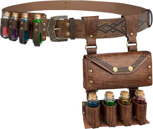 Medieval Alchemy Belt Waist Pack Combo with Multiple Potion Bottles, Viking Rivet Belt Side Pouch for Cosplay