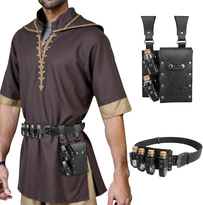 Medieval Alchemy Belt Waist Pack Combo with Multiple Potion Bottles, Viking Rivet Belt Side Pouch for Cosplay
