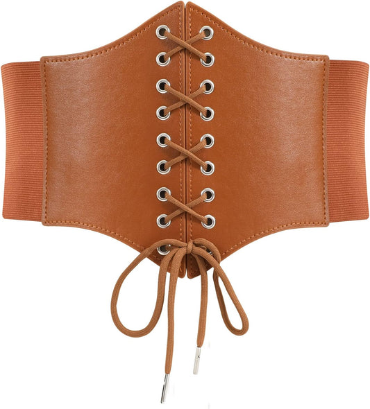 LEACOOLKEY Women Black Tied Waspie Belt, Lace-up Cinch Belt, Corset Elastic Waist Belt