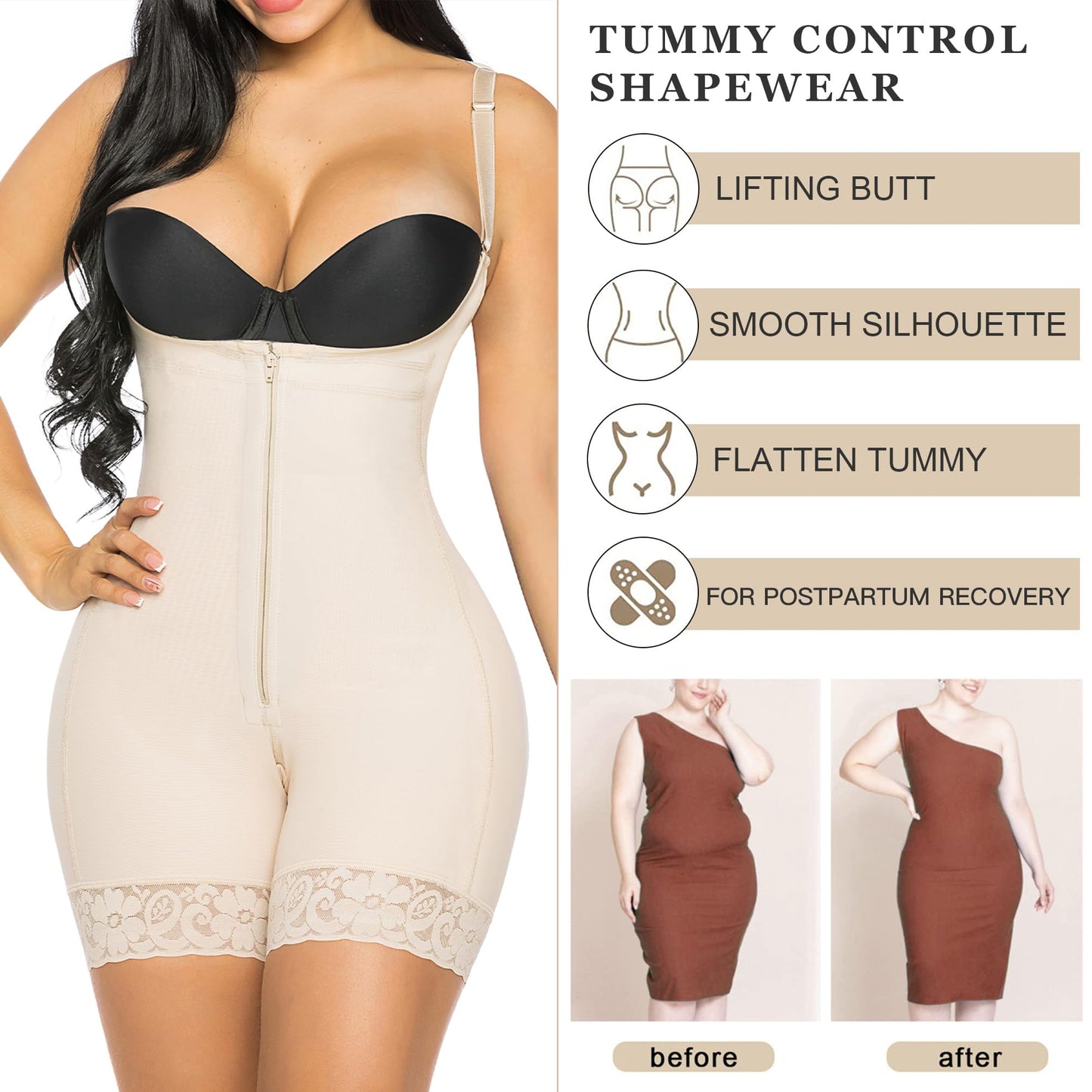 YIANNA Fajas Colombianas Shapewear for Women Postpartum Tummy Control Body Shaper Butt Lifter Bodysuit