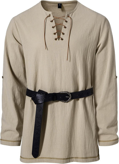 Men's Pure Cotton Vintage Lace Up Shirts for Pirate Renaissance Viking Medieval Costume Without Belt