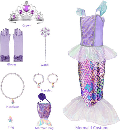 Meland Mermaid Dress - Little Mermaid Costume with Bag for Girls 3-10, Princess Dress Up for Birthday Gift, Halloween Costume