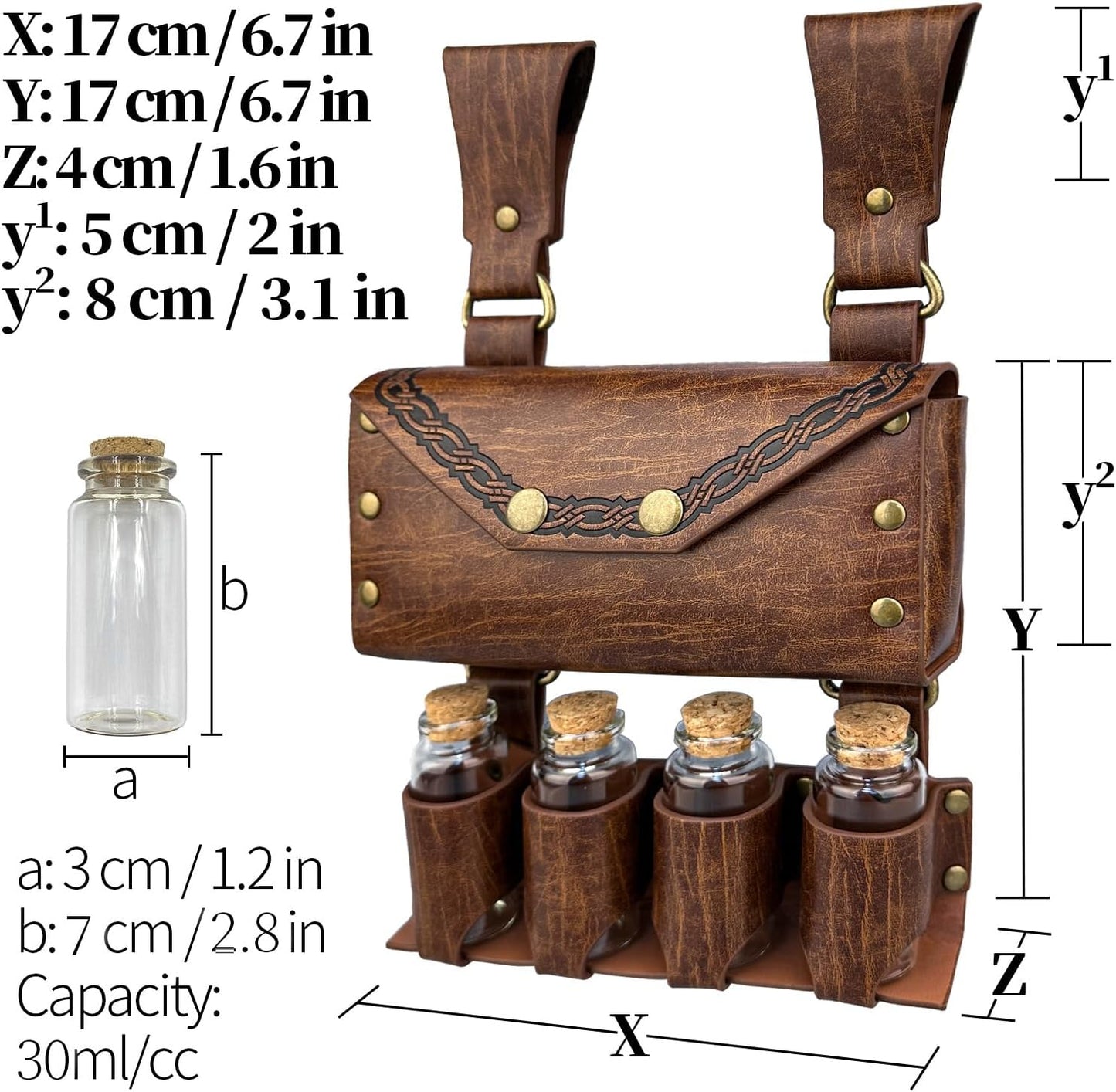 HiiFeuer Medieval Alchemy Faux Leather Belt Bag with 4 Cork Potion Vials, Fantasy Wizard Waist Pouch Side Pack for Ren Faire (Light Brown A)