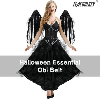 LEACOOLKEY Women Black Tied Waspie Belt, Lace-up Cinch Belt, Corset Elastic Waist Belt