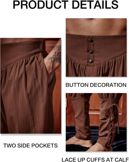Runcati Mens Medieval Ankle Pants Renaissance Viking Pirate Lace Up Tapered Halloween Linen Costume Trousers