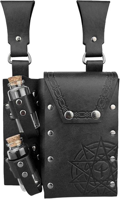 HiiFeuer Medieval Alchemy Faux Leather Belt Bag with 4 Cork Potion Vials, Fantasy Wizard Waist Pouch Side Pack for Ren Faire (Light Brown A)