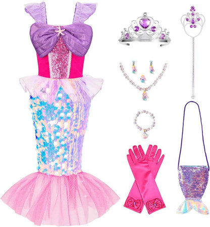 Meland Mermaid Dress - Little Mermaid Costume with Bag for Girls 3-10, Princess Dress Up for Birthday Gift, Halloween Costume
