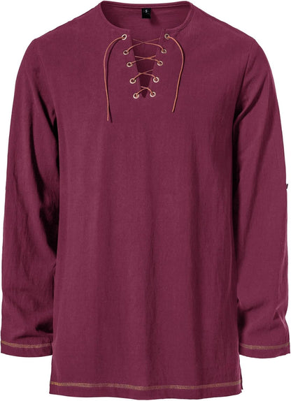 Men's Pure Cotton Vintage Lace Up Shirts for Pirate Renaissance Viking Medieval Costume Without Belt