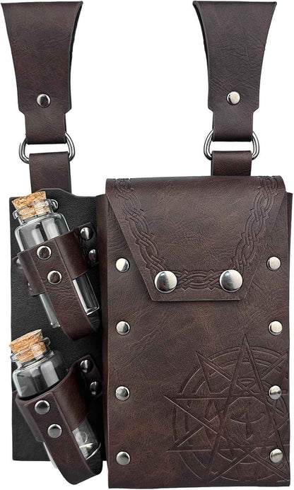 HiiFeuer Medieval Alchemy Faux Leather Belt Bag with 4 Cork Potion Vials, Fantasy Wizard Waist Pouch Side Pack for Ren Faire (Light Brown A)