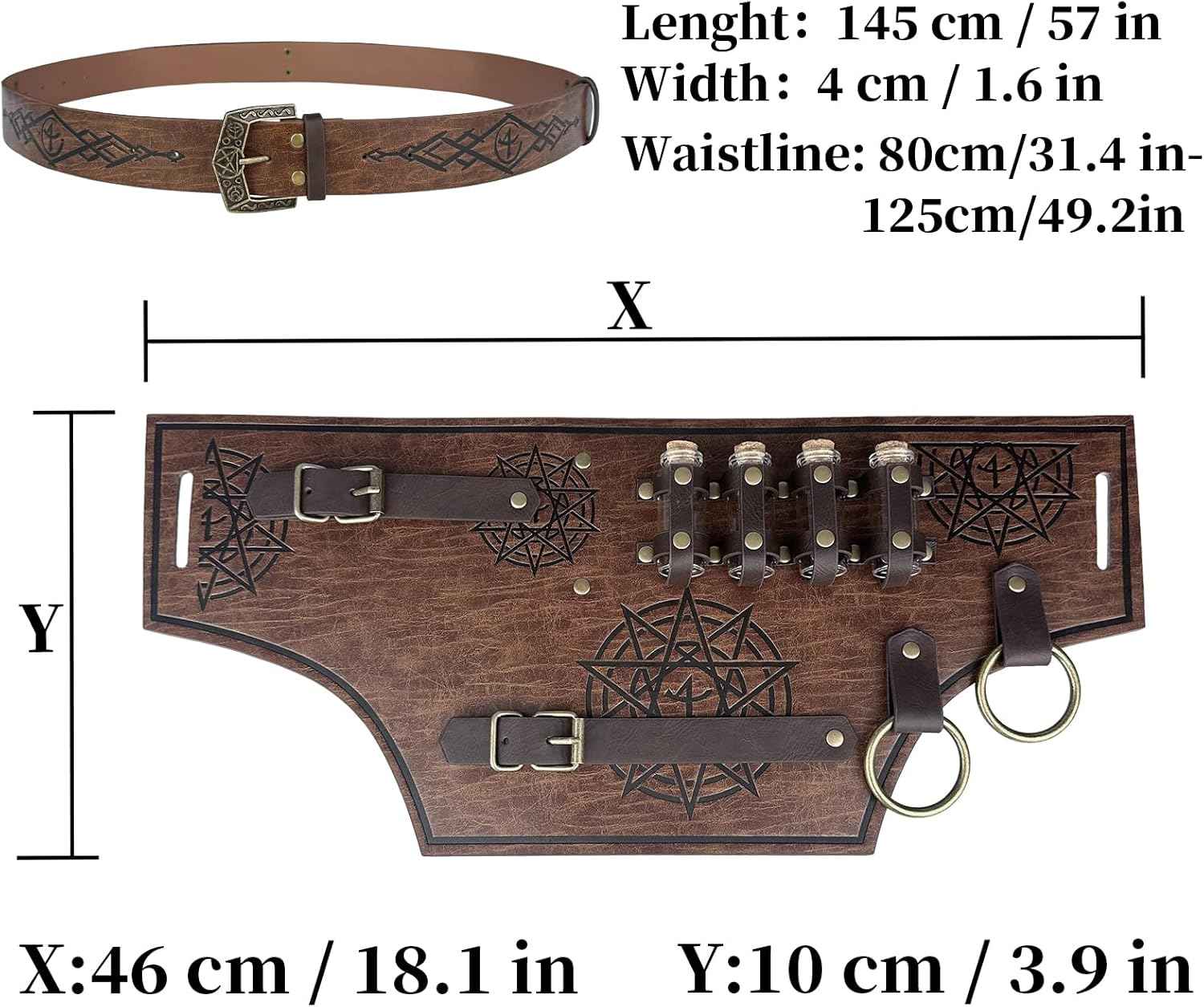HiiFeuer 4 PCs Medieval Alchemy Costume, Fantasy Faux Leather Wizard Potion Holder Belt With 4 Cork Vials and Bag