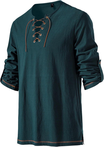 Men's Pure Cotton Vintage Lace Up Shirts for Pirate Renaissance Viking Medieval Costume Without Belt