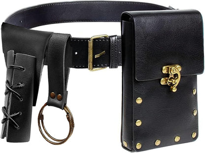 Belt Pouch Waist Bag Fanny Pack Steampunk Phone Holder Medieval Bag Leather Belt Renaissance Cosplay Costume Accessories (Tri-Black)