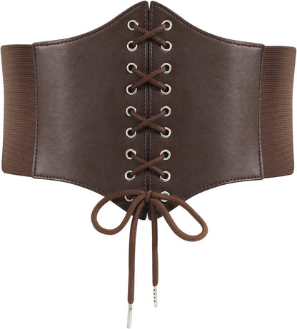 LEACOOLKEY Women Black Tied Waspie Belt, Lace-up Cinch Belt, Corset Elastic Waist Belt