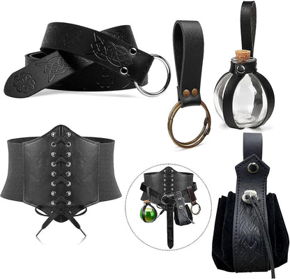 5PCS Renaissance Costume Sets Corset Waistband Belt Pouch Coin Purse Potion Bottle Vials Skirt Hike Medieval Cosplay