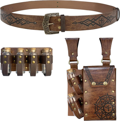 Medieval Alchemy Belt Waist Pack Combo with Multiple Potion Bottles, Viking Rivet Belt Side Pouch for Cosplay