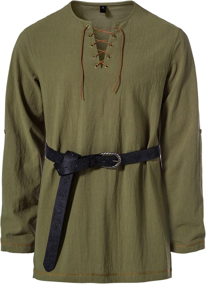 Men's Pure Cotton Vintage Lace Up Shirts for Pirate Renaissance Viking Medieval Costume Without Belt