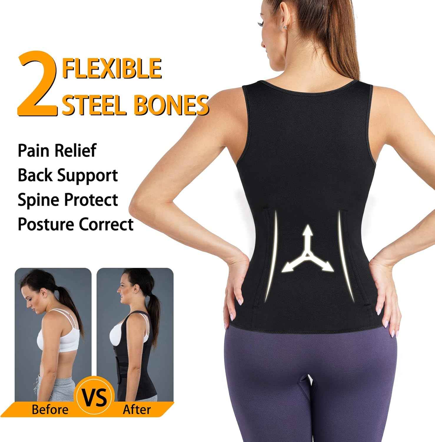 GAODI Women Waist Trainer Vest Slim Corset Neoprene Sauna Tank Top Zipper Workout Body Shaper Shirt (L, Black Sauna Vest)