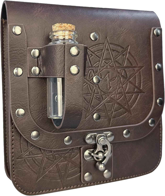 HiiFeuer Medieval Alchemy Faux Leather Belt Bag with 4 Cork Potion Vials, Fantasy Wizard Waist Pouch Side Pack for Ren Faire (Light Brown A)