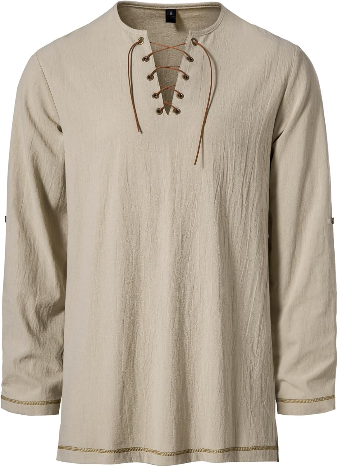 Men's Pure Cotton Vintage Lace Up Shirts for Pirate Renaissance Viking Medieval Costume Without Belt