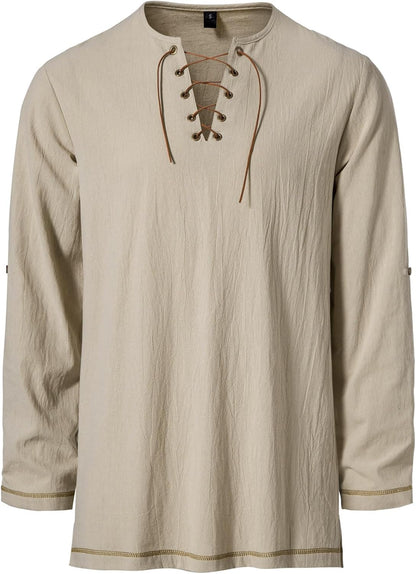 Men's Pure Cotton Vintage Lace Up Shirts for Pirate Renaissance Viking Medieval Costume Without Belt