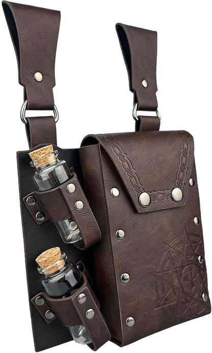 HiiFeuer Medieval Alchemy Faux Leather Belt Bag with 4 Cork Potion Vials, Fantasy Wizard Waist Pouch Side Pack for Ren Faire (Light Brown A)