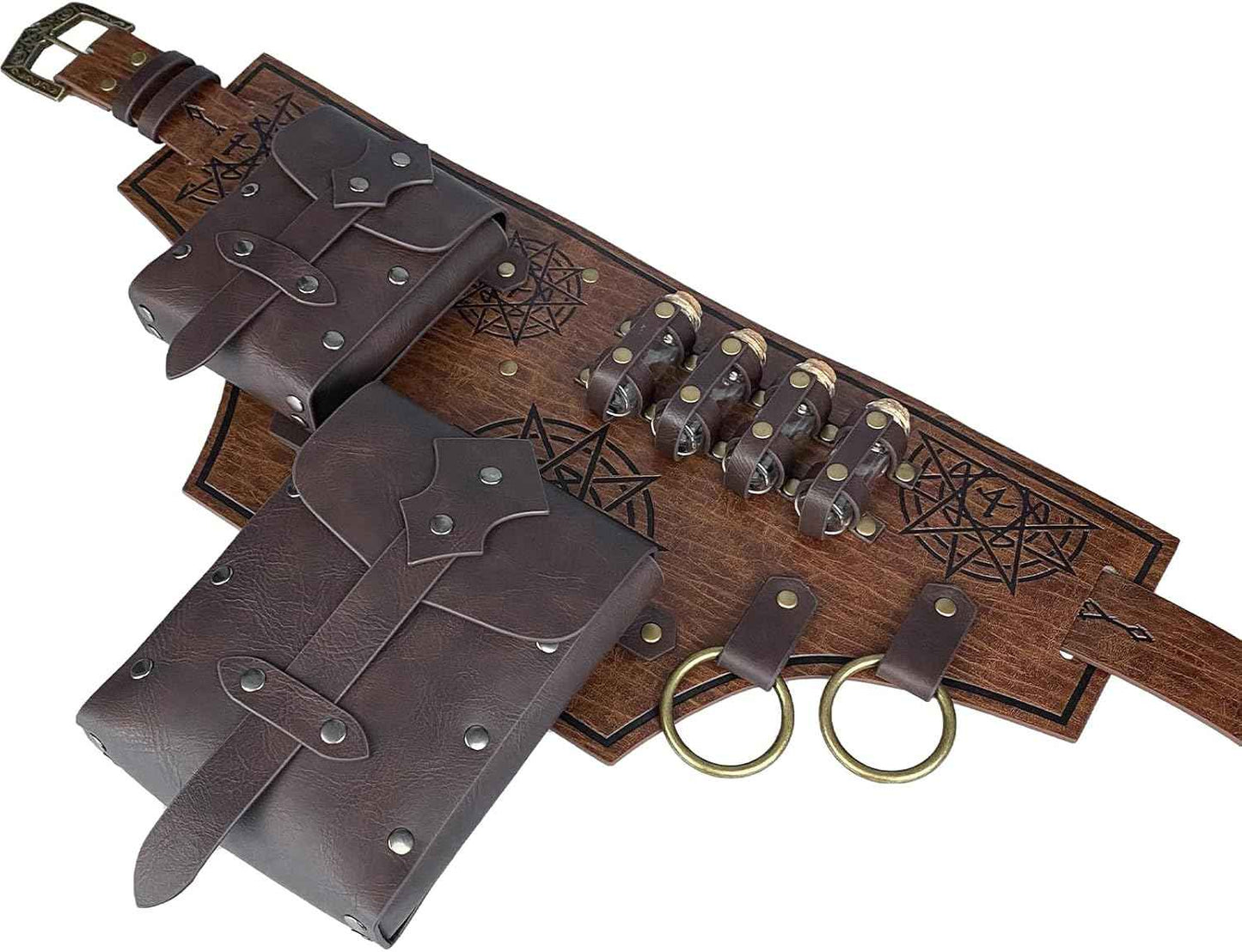 HiiFeuer 4 PCs Medieval Alchemy Costume, Fantasy Faux Leather Wizard Potion Holder Belt With 4 Cork Vials and Bag